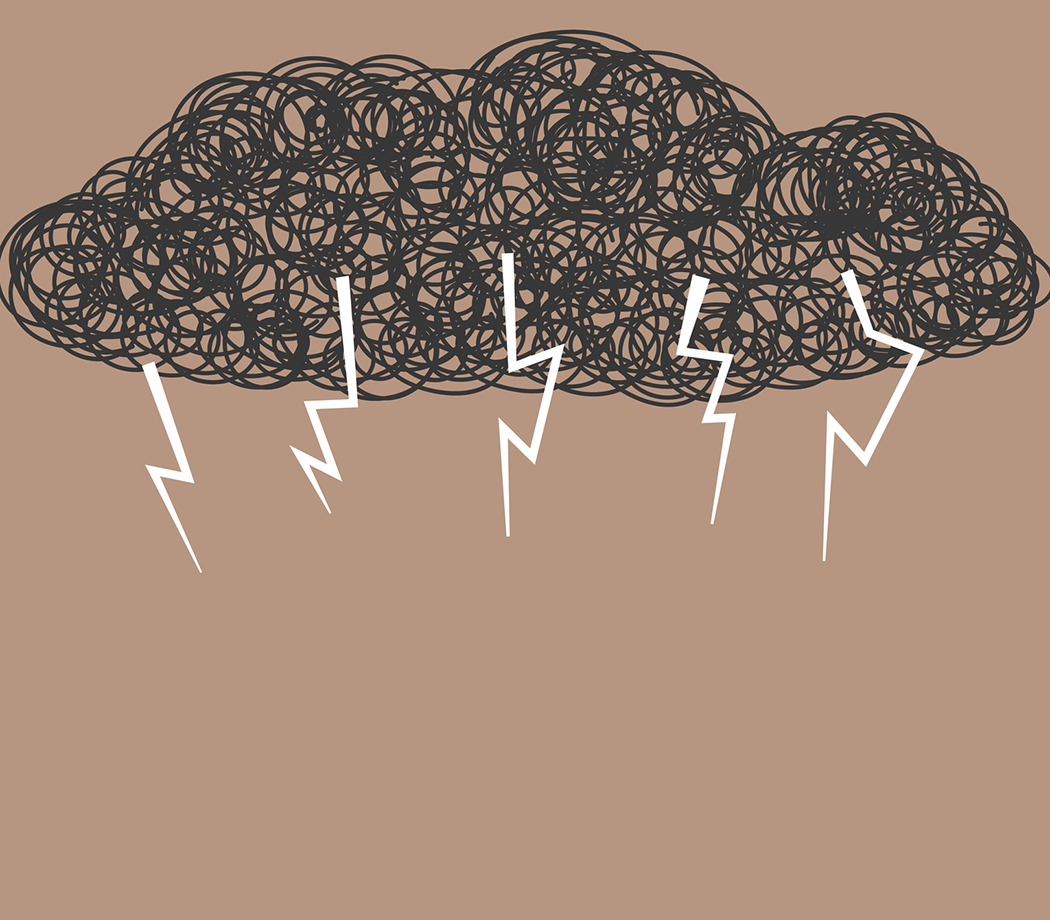 Abstract vector storm clouds with thunder hand drawn chaotic tangle of doodles.Sign bad weather,impending rain and storm,thunder rolls.Symbol stress,depression,psychosis,mental crisis personality,headache