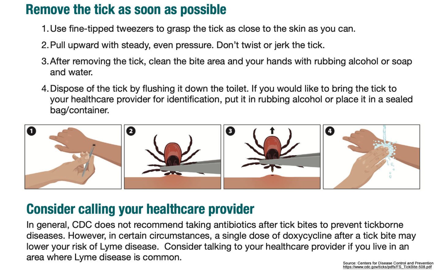 Prompt removal of the tick is critical to avoiding Lyme disease. Avoid various tales about tick removal. The CDC recommends these guidelines for prompt and safe tick removal.