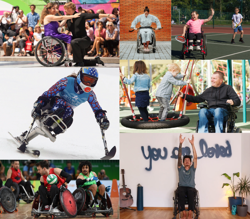 A collage of people with various disabilities participating in adaptive sports and exercise activities, smiling and looking determined.